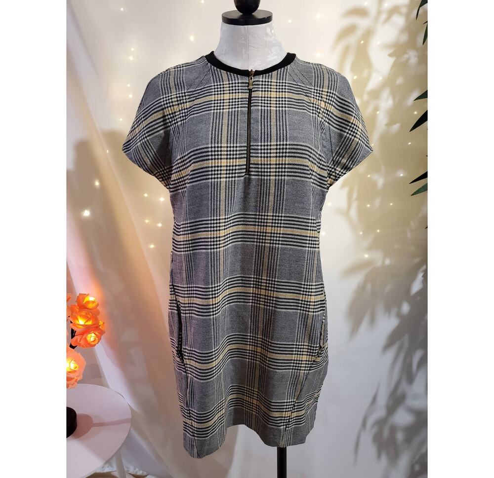 Zara Trafaluc Plaid 1/2 Zip Short Sleeve Mini Dress Womens M Academia Preppy